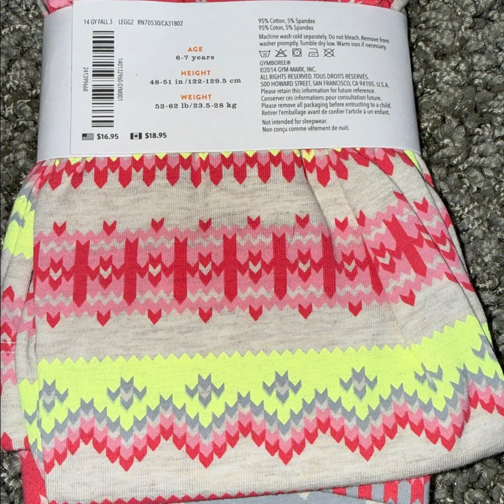 Gymboree Pink & Neon Yellow Chevron-Accent Girls' Leggings (7) NEW